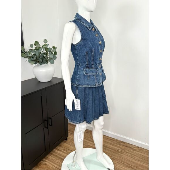 NWT SELF-PORTRAIT Pleated Denim Mini Top Skirt Set Size 6 - Picture 7 of 12